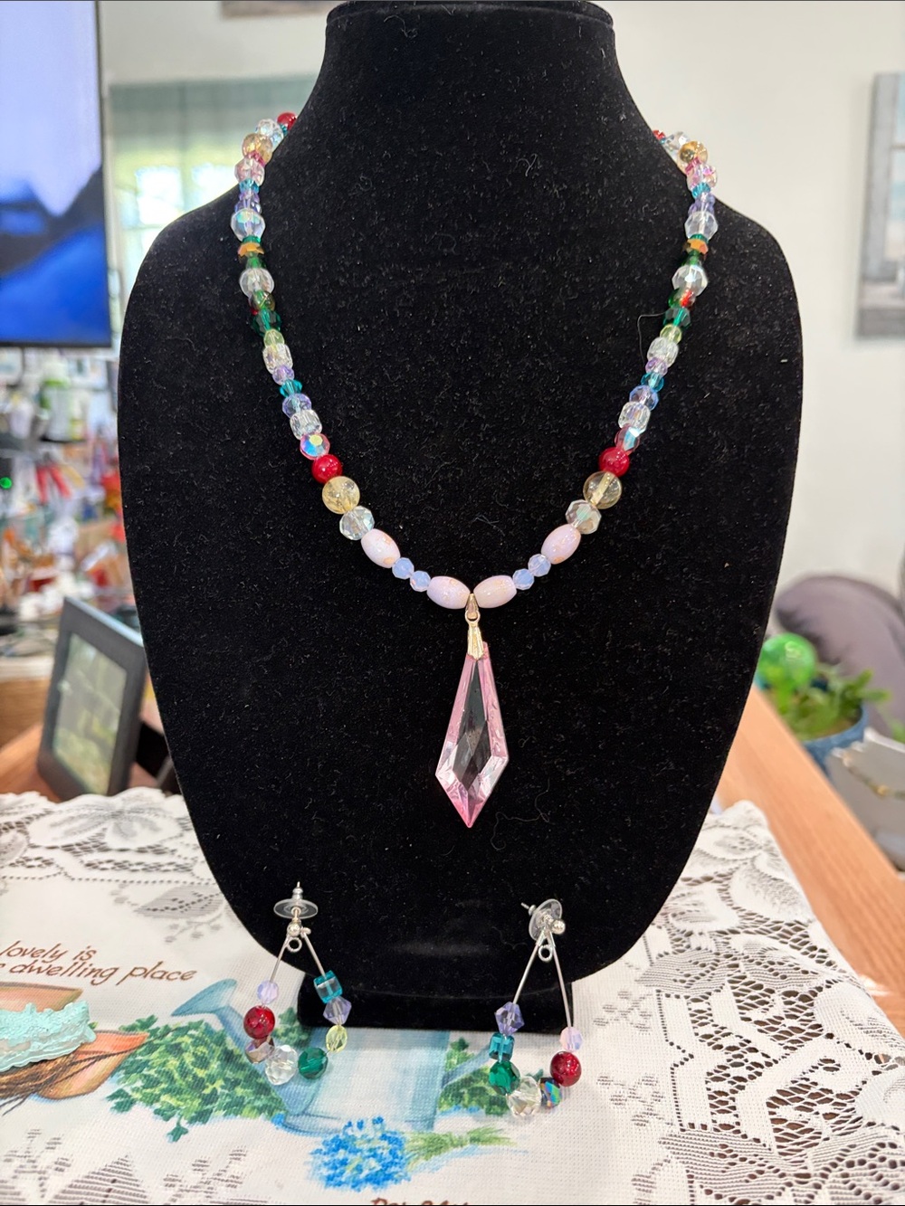 Multicolor Beaded Necklace with Pink Crystal Pendant by